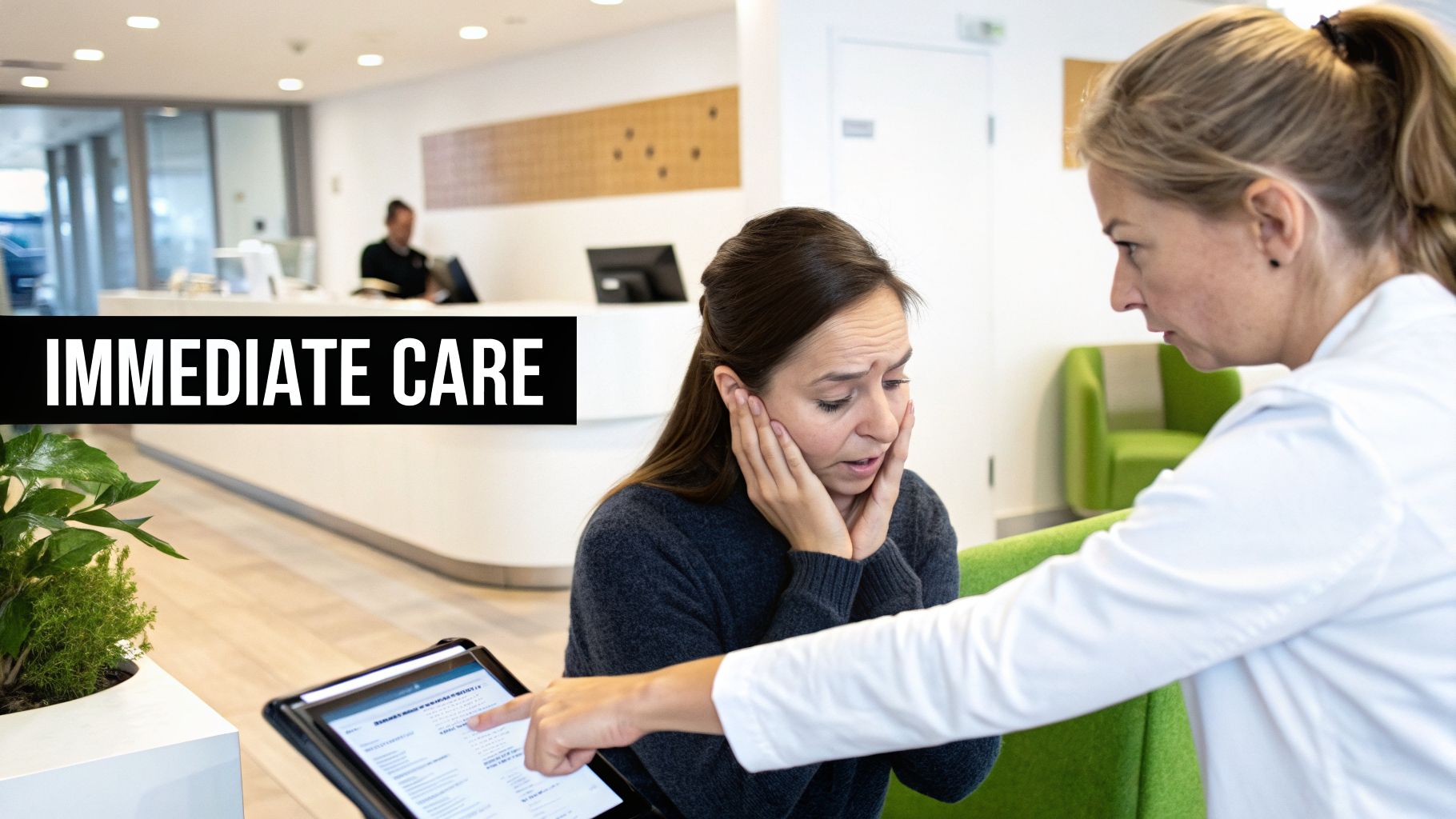 A distressed woman with hands on her face talks to a medical professional pointing at a tablet in a clinic.