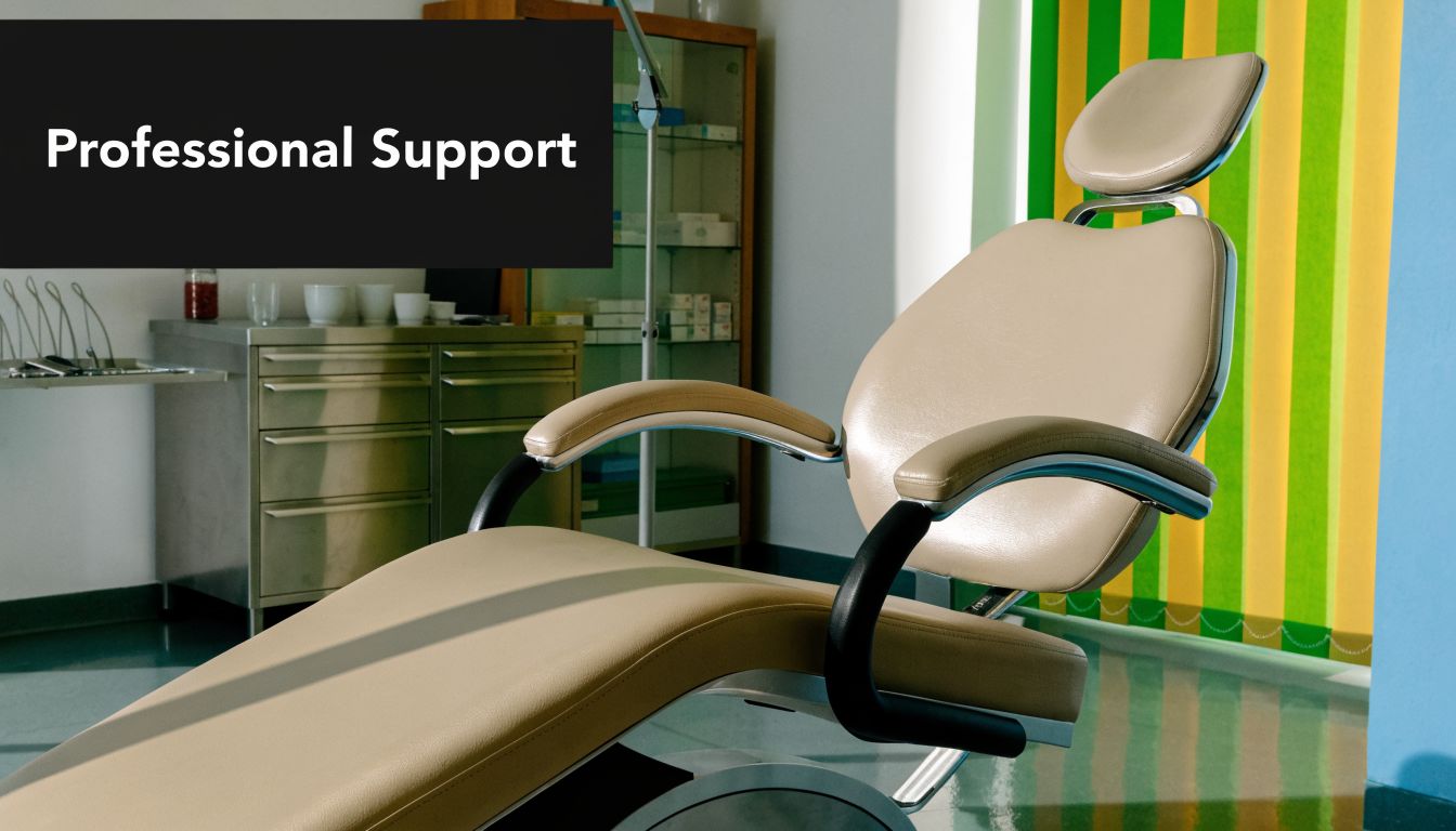 A modern beige dental chair positioned inside a clinical medical office with stainless steel equipment drawers.