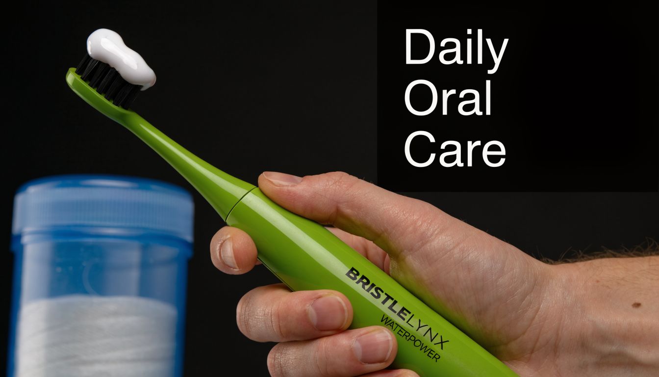 A hand holding a bright green BristleLynx electric toothbrush with toothpaste applied against a dark background.
