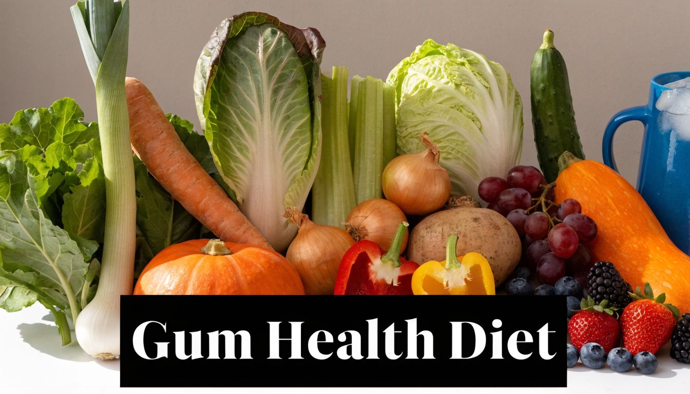 A colorful variety of fresh vegetables and fruits arranged to promote better gum health and nutrition.