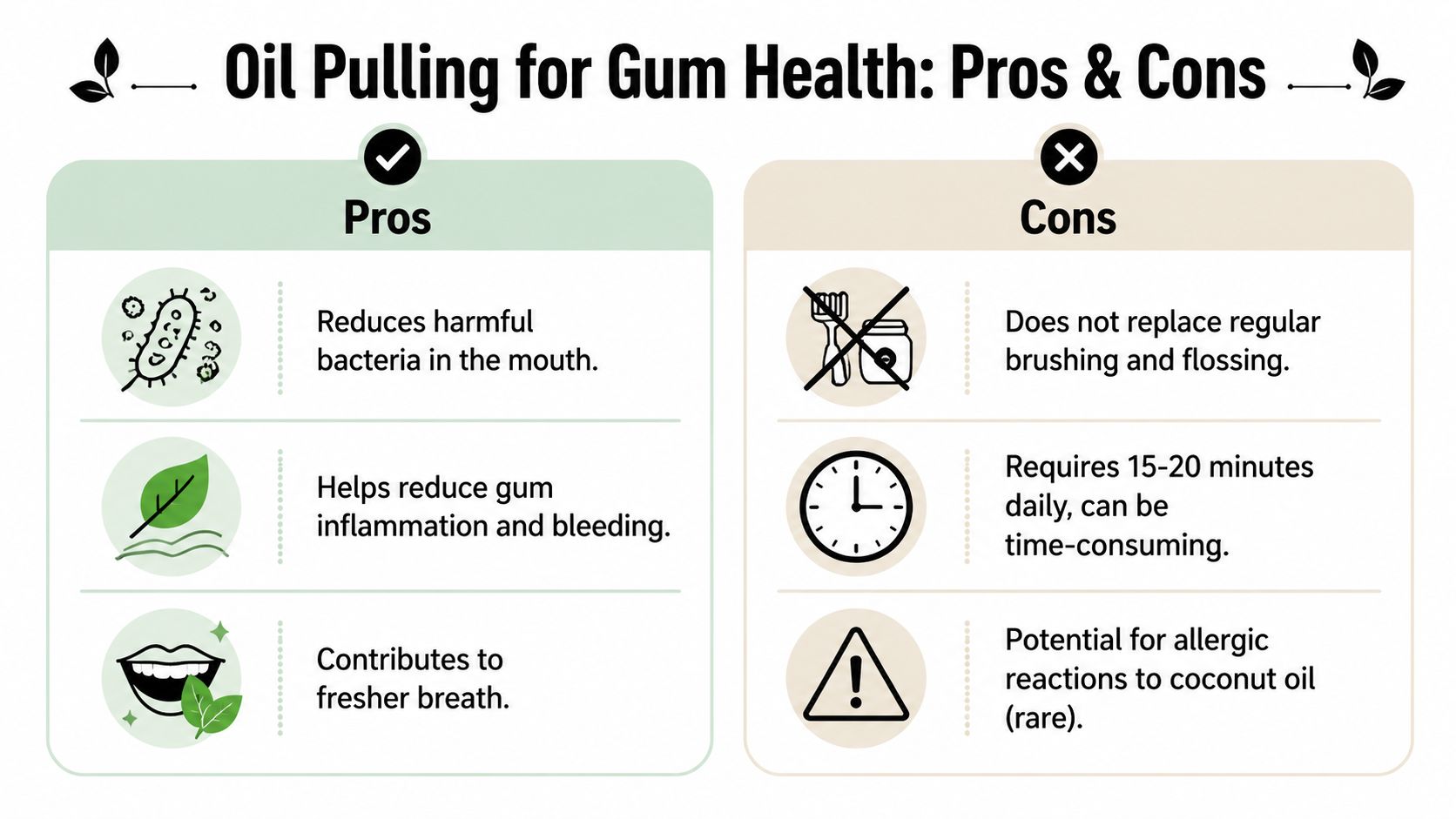 A visual comparison infographic outlining the pros and cons of practicing oil pulling for improved gum health.