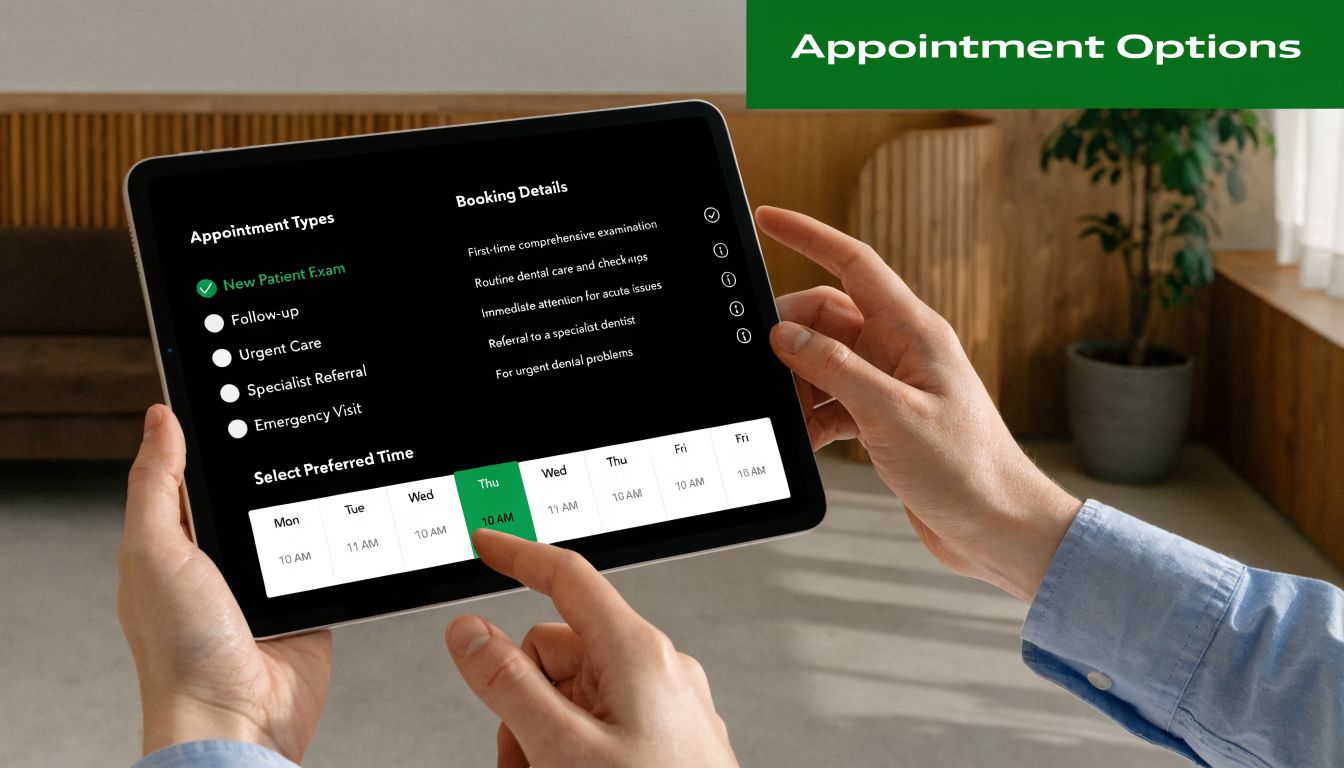 A person uses a tablet to select a dental appointment time from a digital booking menu screen.