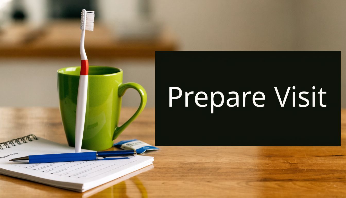 A toothbrush, a green mug, a pen, and a notepad sit on a wooden desk.