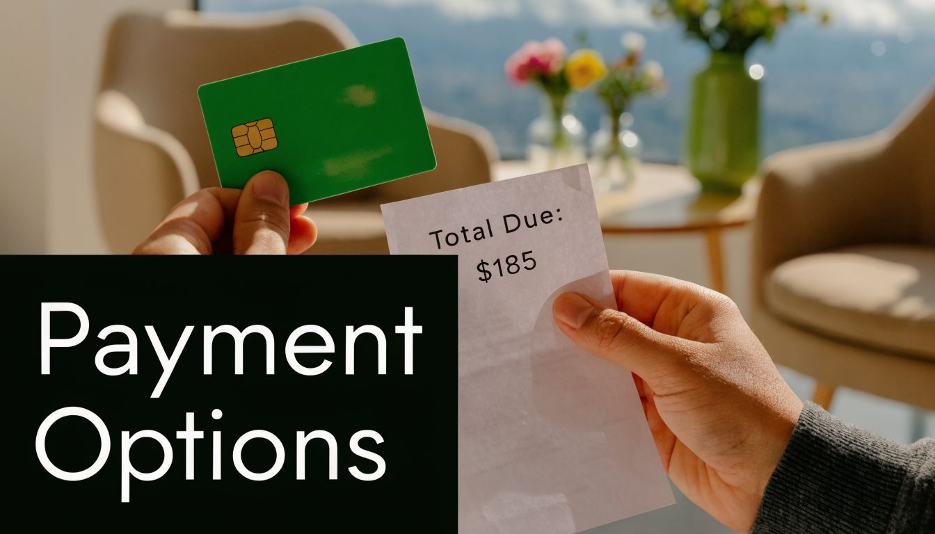 A hand holding a credit card next to another hand holding a bill for one hundred eighty five dollars.