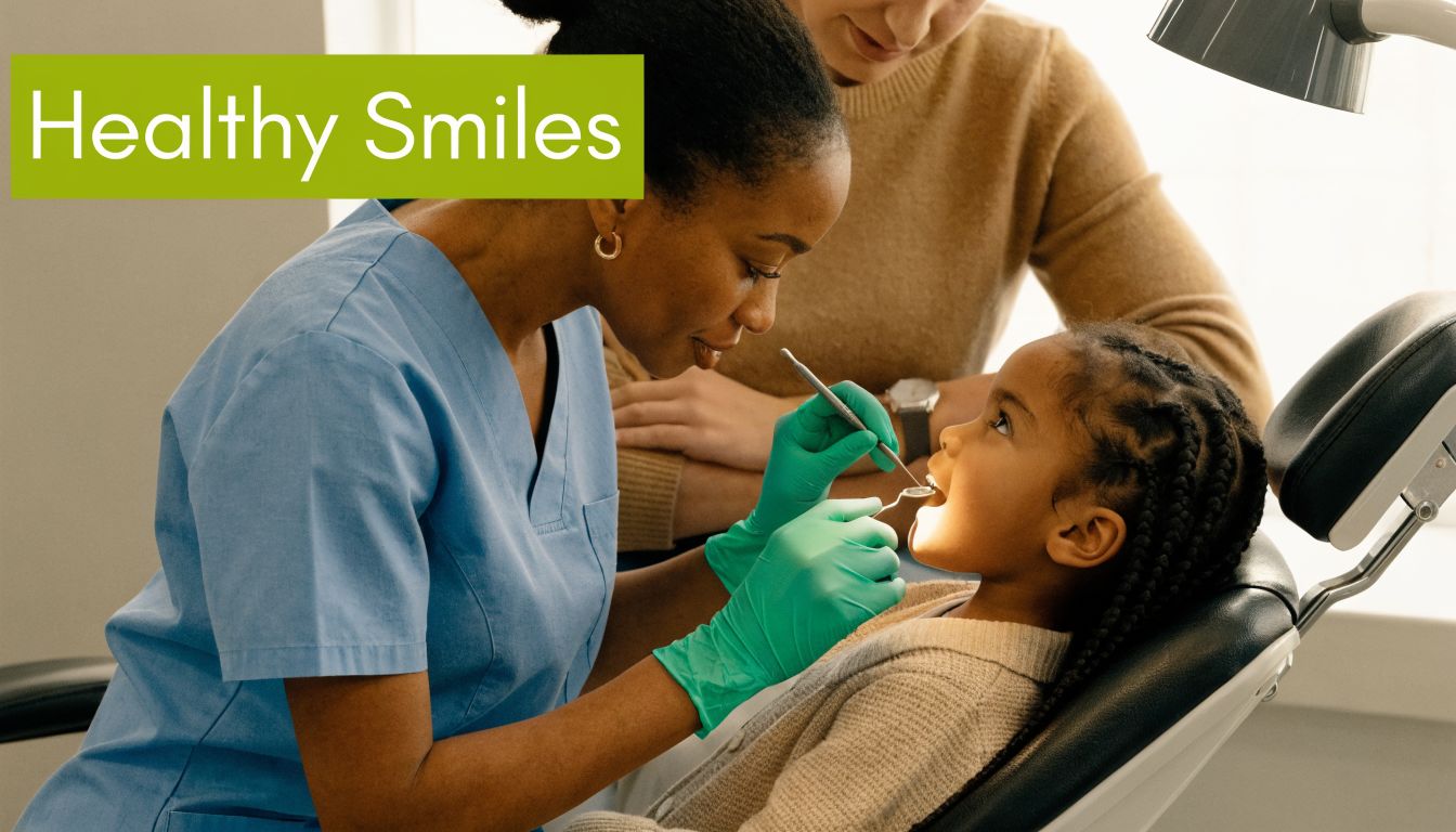 A kind dentist in blue scrubs performing a dental checkup on a young girl in a clinic.