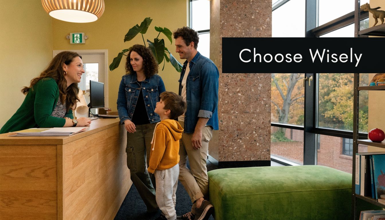 A family interacting with a friendly receptionist at a modern pediatric dental office lobby.