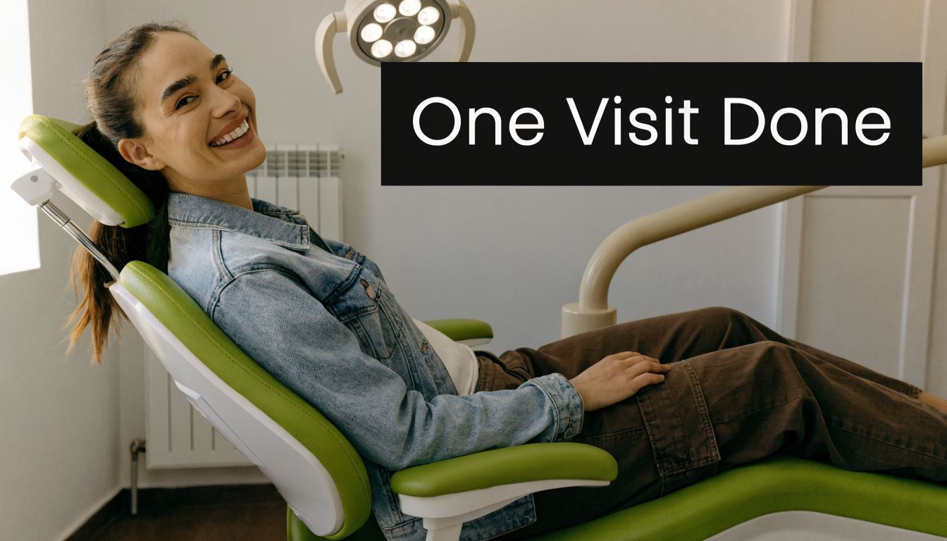 A happy woman sitting in a dental chair after receiving a successful same day crown procedure.