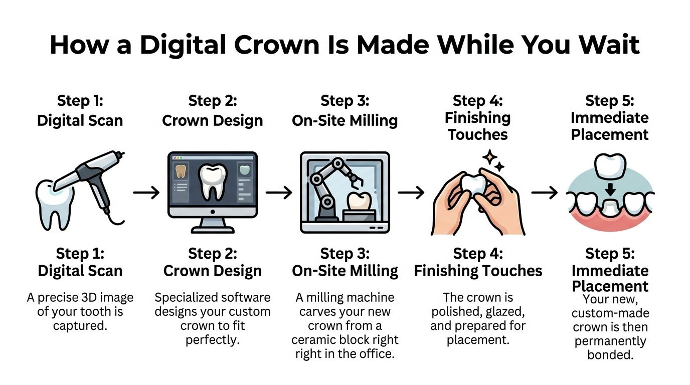 A five-step infographic showing the digital workflow for creating a dental crown while the patient waits.