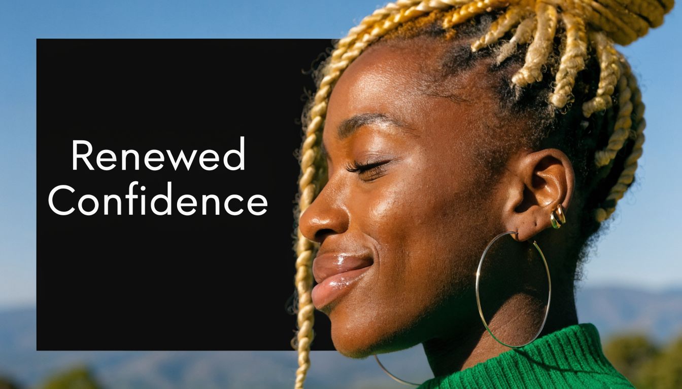A profile view of a confident woman with blonde box braids and golden hoop earrings smiling serenely.