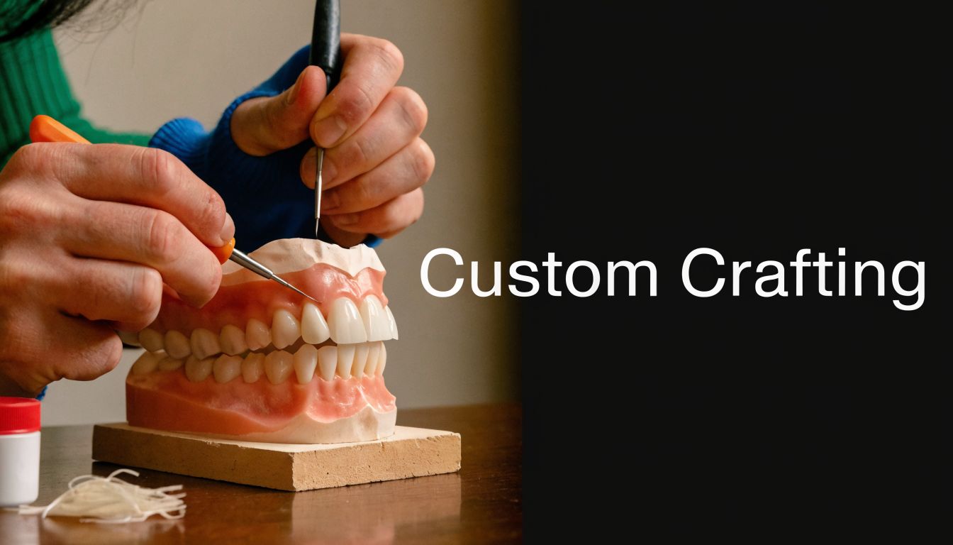 A dental technician meticulously sculpting and refining a set of custom dentures using precise dental tools.
