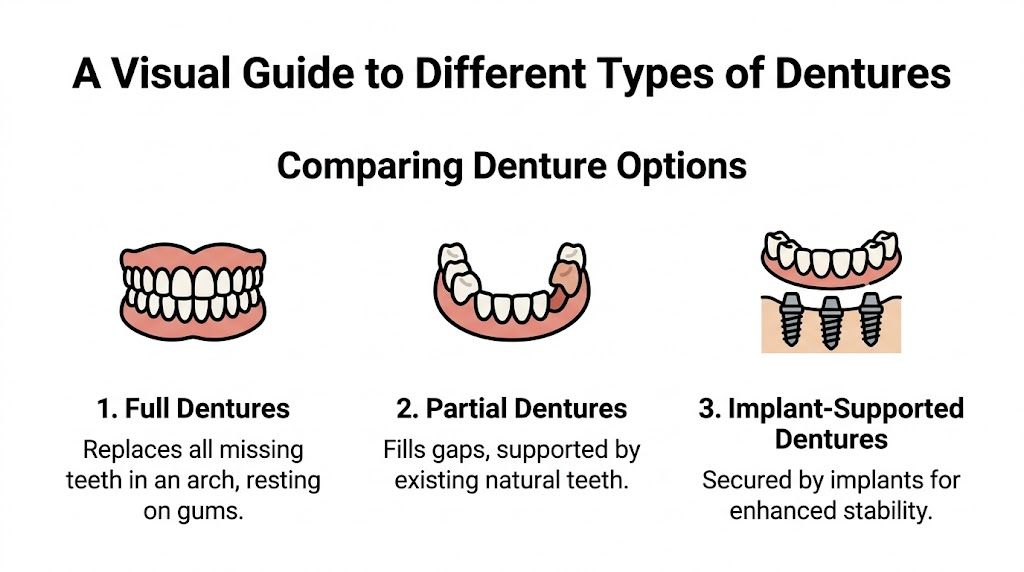 A visual guide comparing full, partial, and implant-supported dentures to show different tooth replacement options.