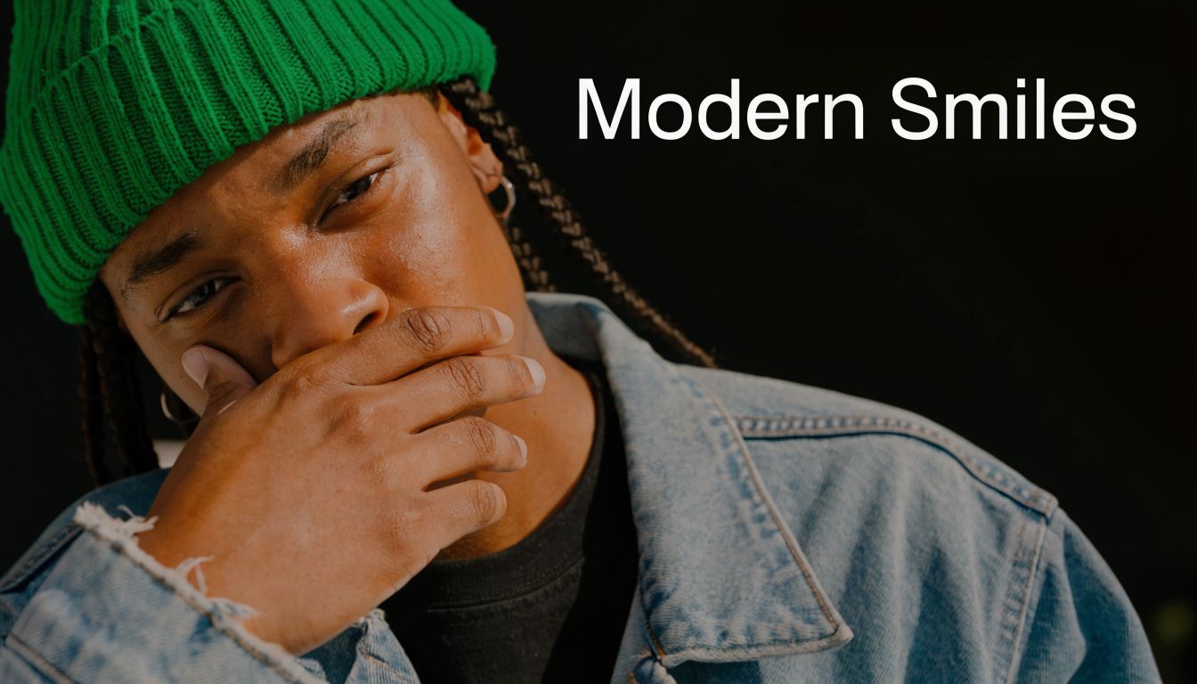 A close up of a person wearing a green beanie, covering their mouth with their hand.
