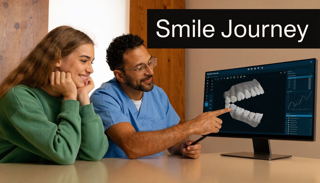 A dentist shows a digital 3D model of teeth on a monitor to a smiling patient.