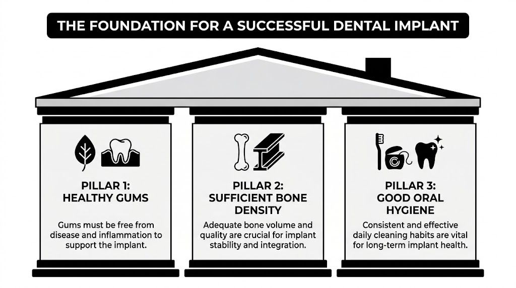A graphic showing three pillars representing the foundation for a successful dental implant procedure.
