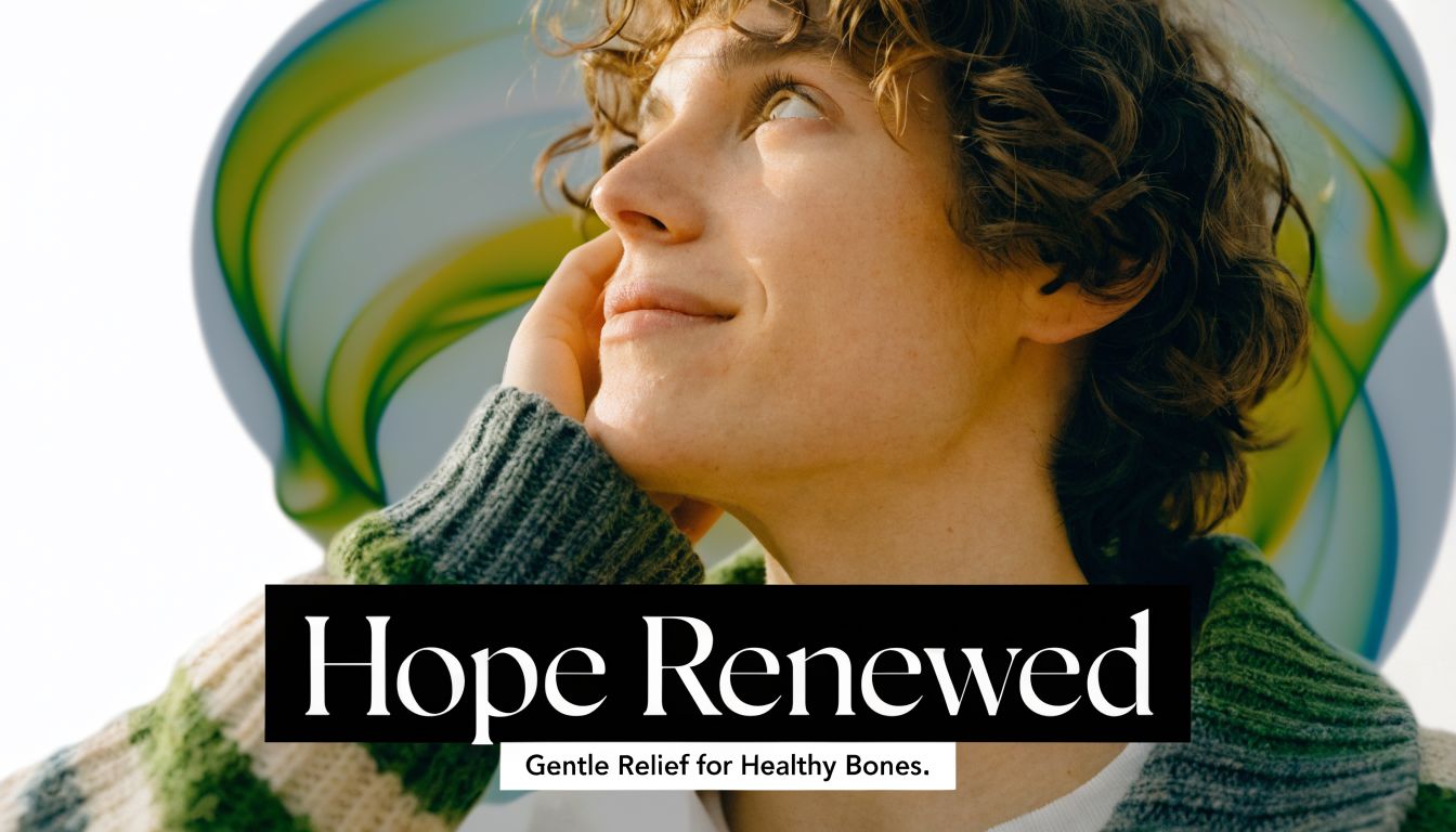 A person with curly hair smiling gently and looking upwards, featuring soft lighting and a modern aesthetic.