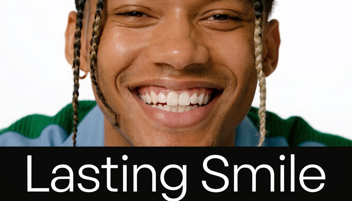 A close-up portrait of a person with a bright, healthy smile, emphasizing dental health and confidence.