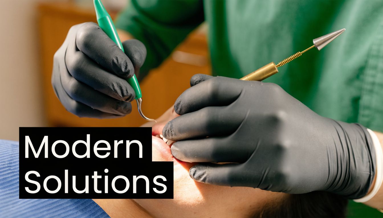 A professional dentist wearing black gloves uses medical instruments to examine a patient's teeth during a procedure.