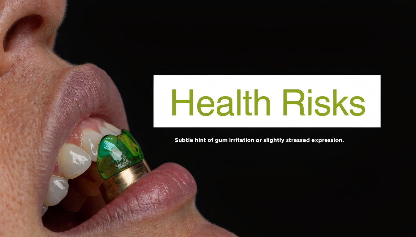 A close-up view of a person wearing a dental implant in their mouth with text overlay.