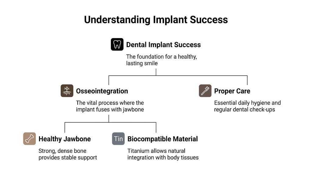A diagram illustrating the key factors contributing to successful dental implants, including osseointegration and proper oral care.