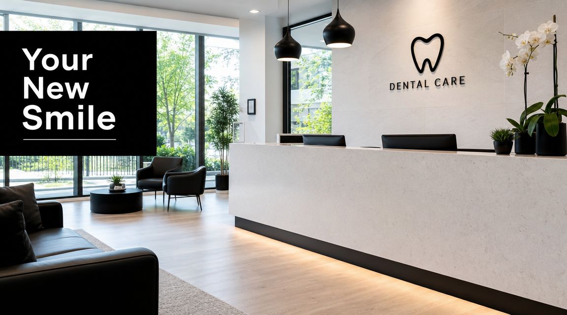 A clean, modern dental office reception area with comfortable seating, sleek furniture, and bright lighting.