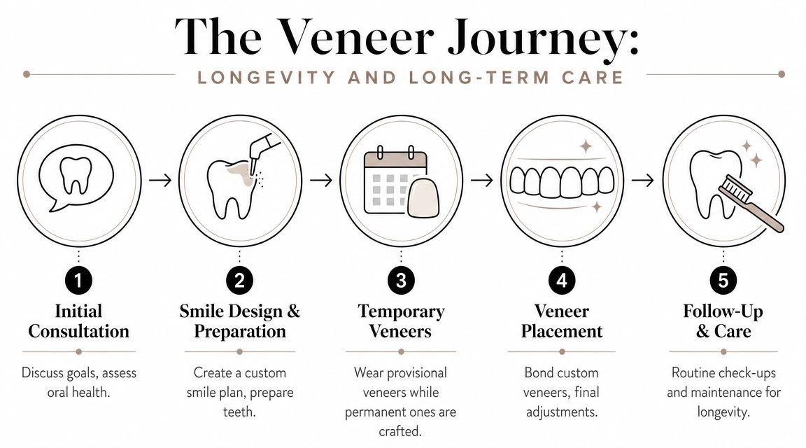 A five-step infographic illustration outlining the clinical process of getting dental veneers from consultation to care.