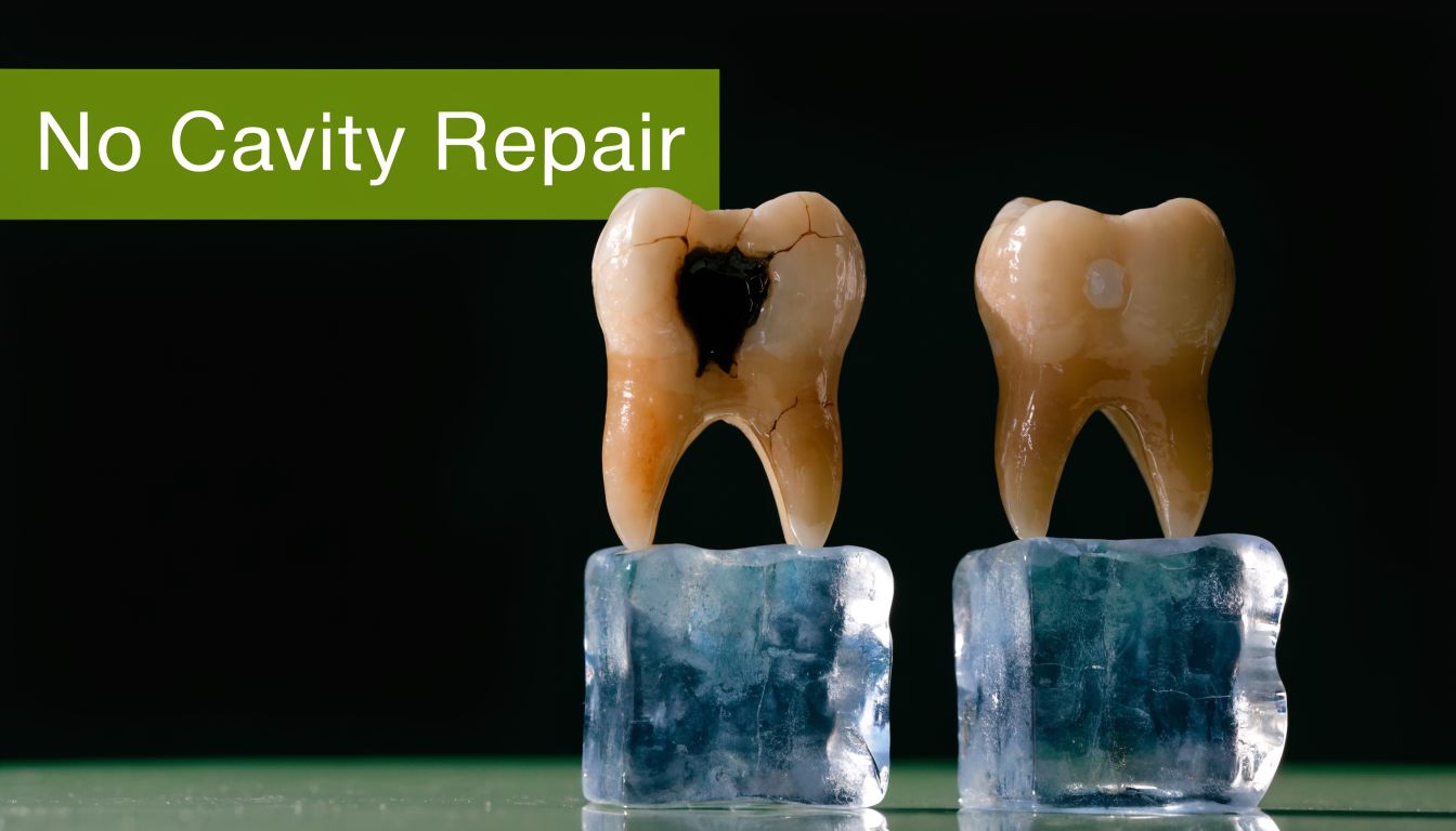 A close-up of two human teeth resting on ice cubes, one with a cavity and one repaired.