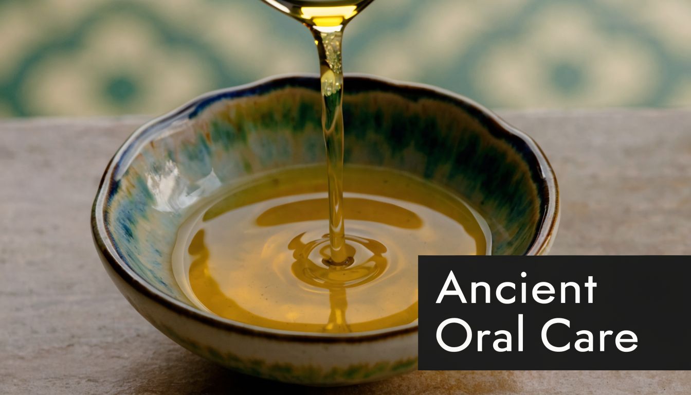 Golden oil being poured into a small, decorative ceramic bowl for an ancient oral care practice.