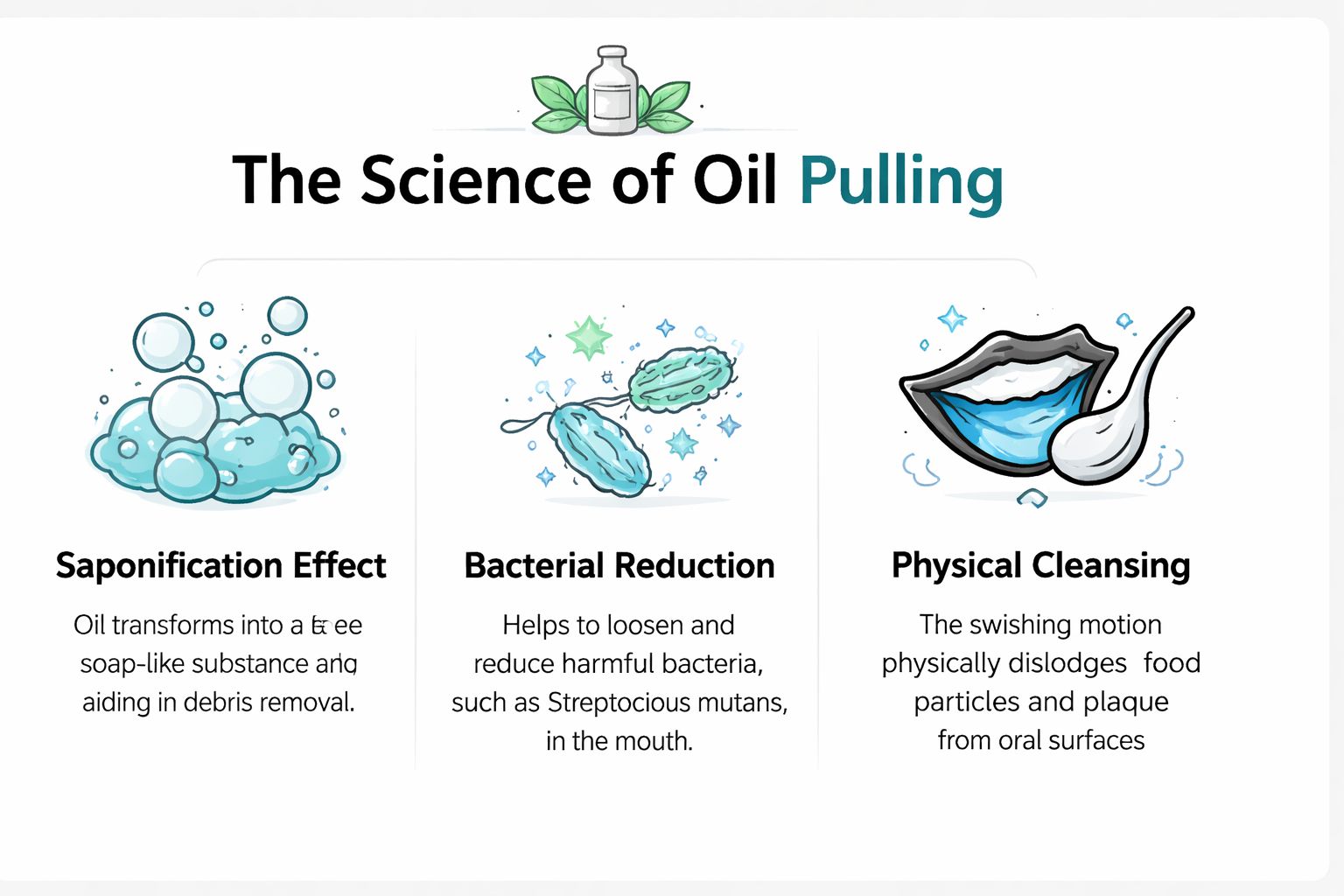 An infographic explaining the science of oil pulling, detailing saponification, bacterial reduction, and physical cleansing processes.