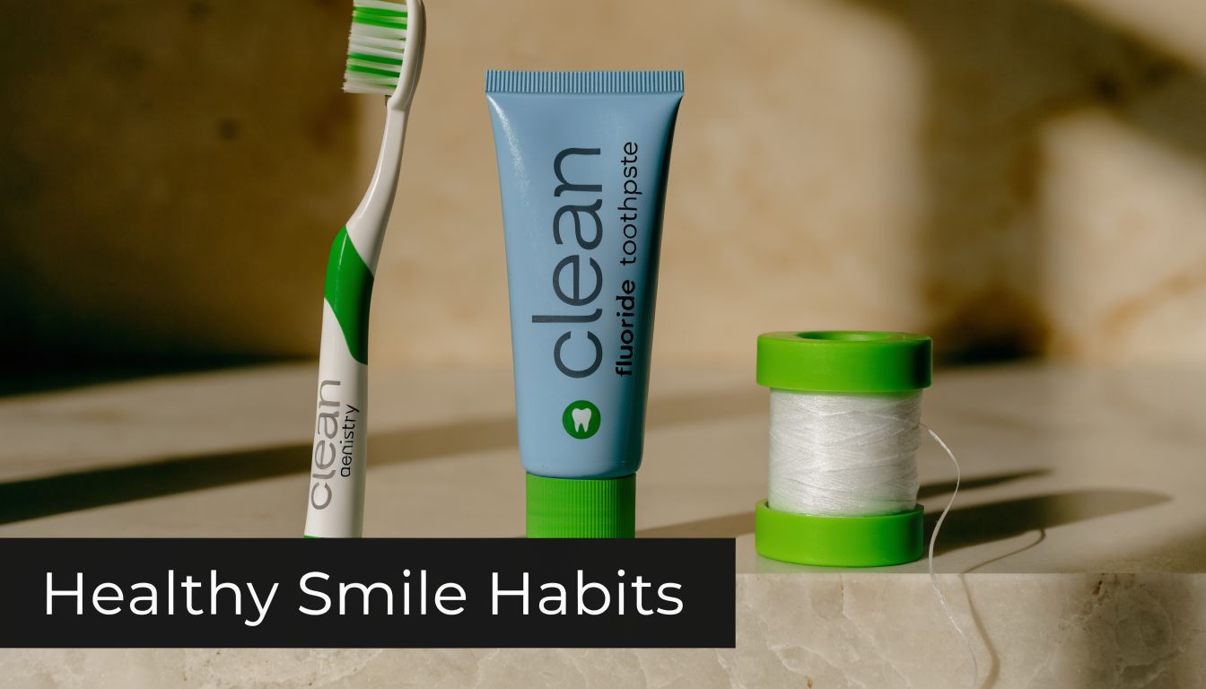 A toothbrush, toothpaste tube, and floss container arranged neatly on a marble surface, emphasizing healthy oral hygiene.