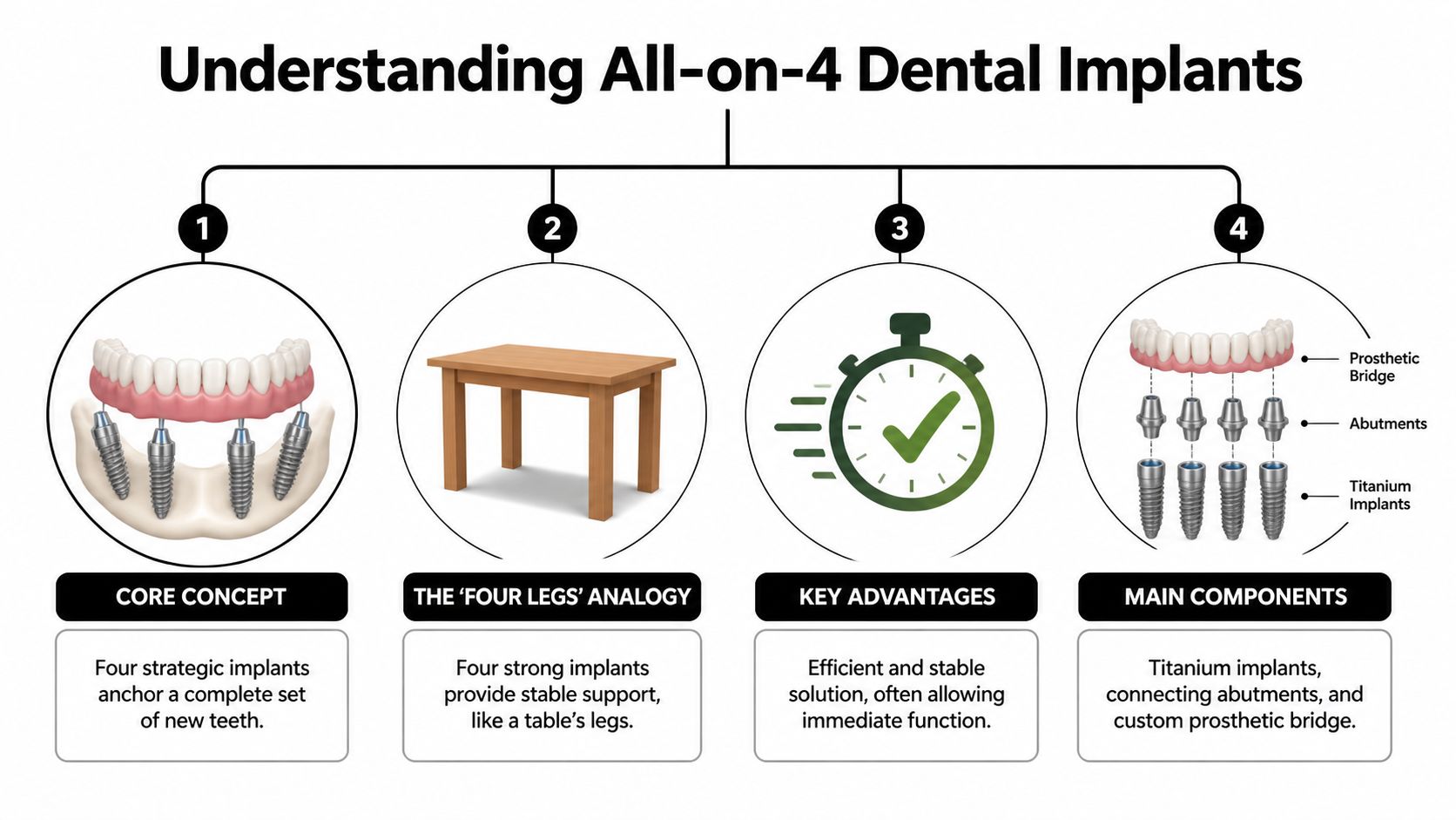 A diagram explaining the All-on-4 dental implant process, including its core concept, analogy, advantages, and components.