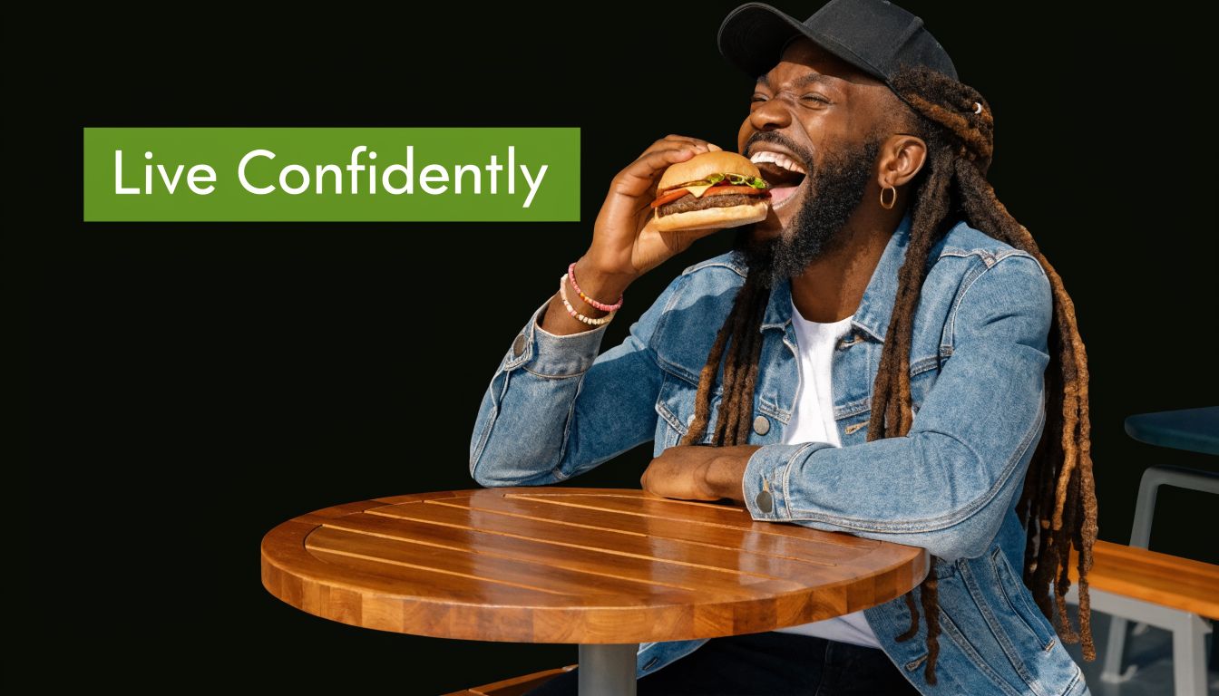 A happy man with locs wearing a denim jacket enjoying a fresh burger at a round table.