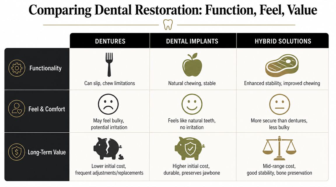 A comparison chart outlining the functionality, feel, and long-term value of dentures, dental implants, and hybrid solutions.
