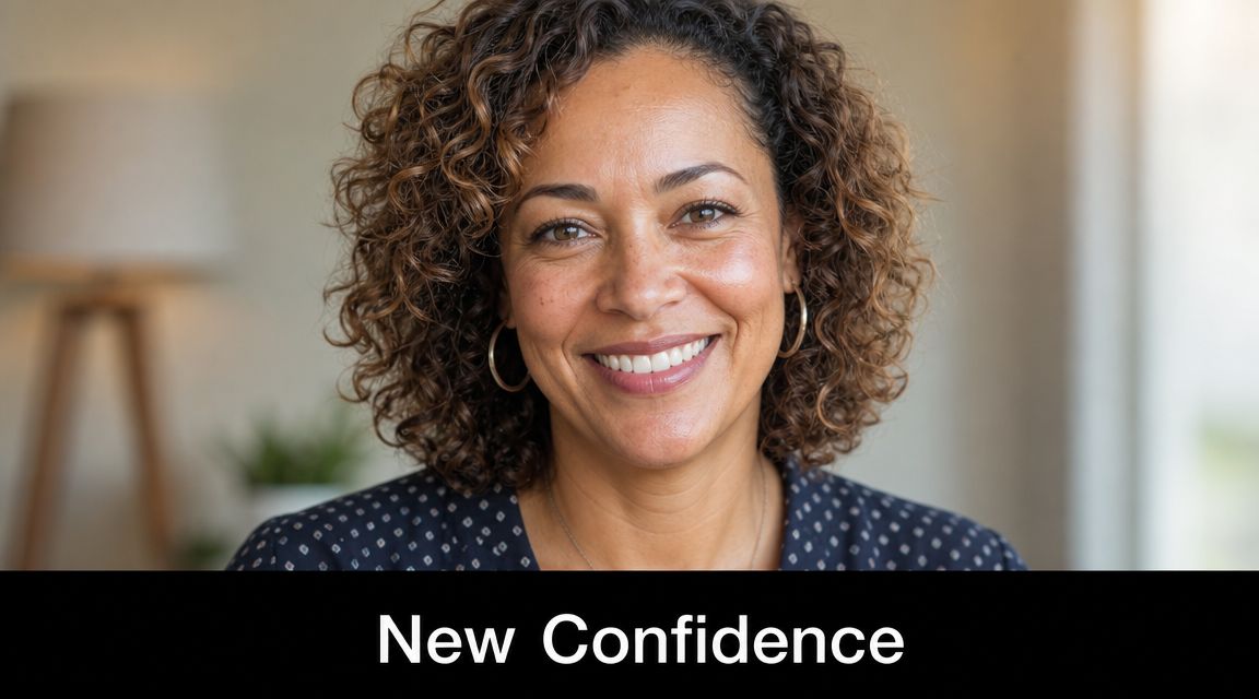 A smiling woman with curly hair showing confidence, perfect for dental implant and denture advertising.
