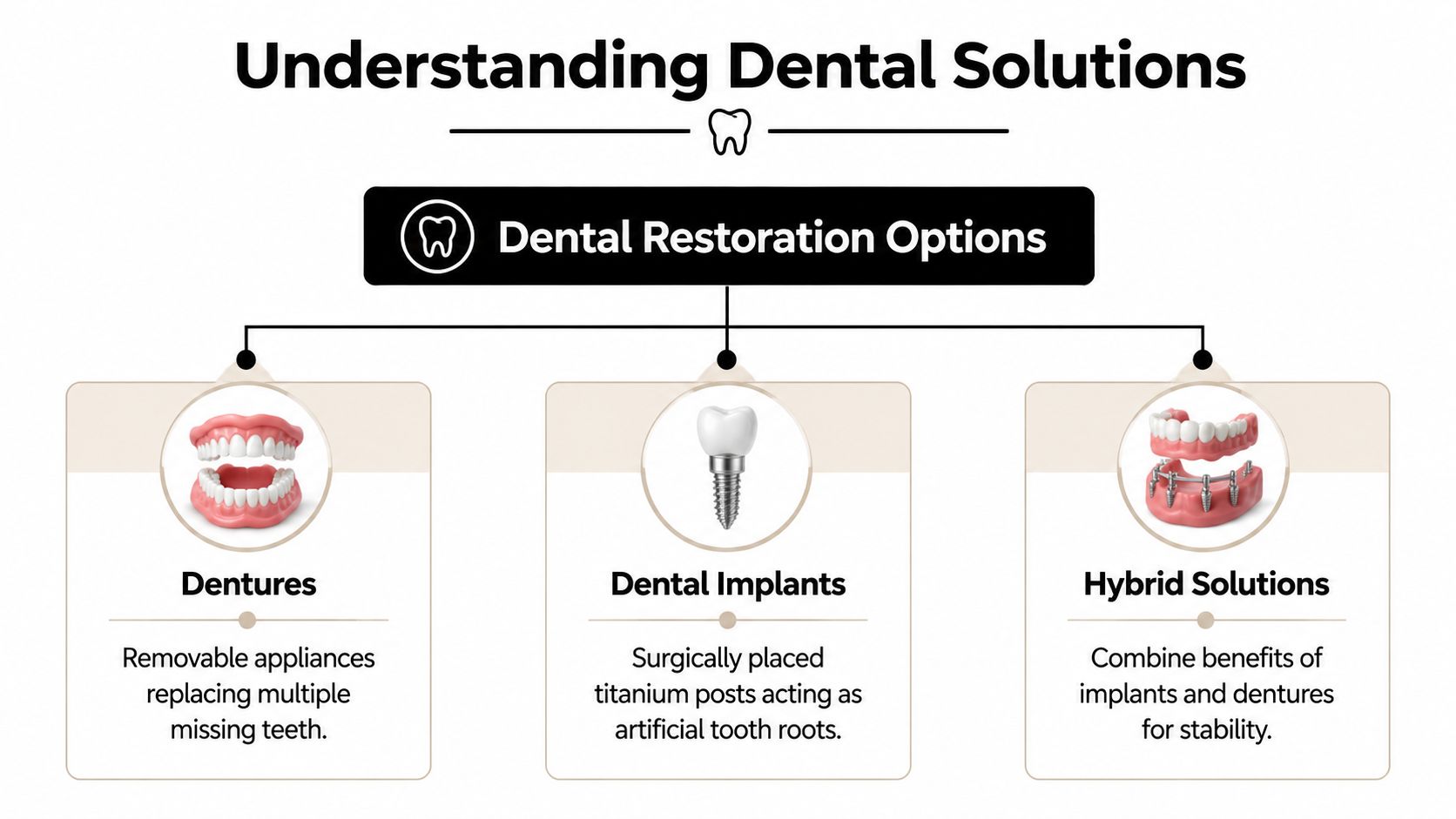 An infographic showing three main dental restoration options including dentures, dental implants, and hybrid solutions.
