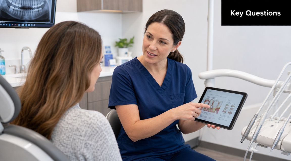 A professional dentist explaining a dental procedure to a female patient using a tablet in an office.