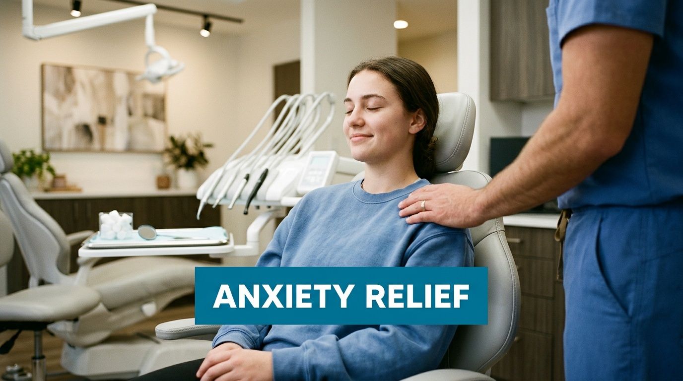 A gentle dentist comforts a patient sitting in a dental chair to provide anxiety relief during treatment.