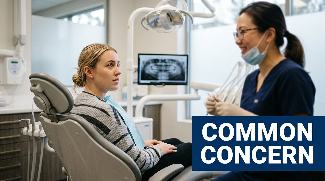 A patient seated in a dental chair speaking with a female dentist in a clinical office.