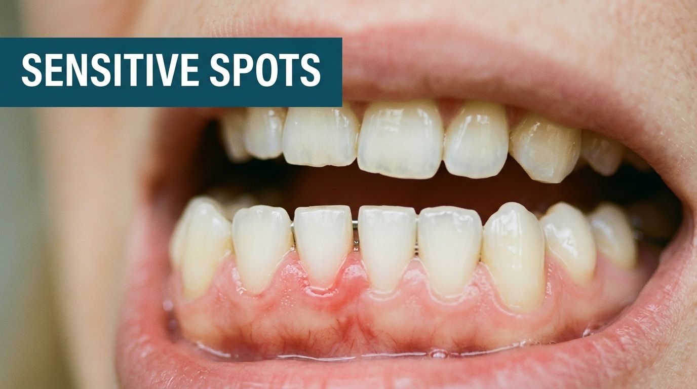A close-up view of a person showing gum recession and inflammation, highlighting dental sensitivity issues.