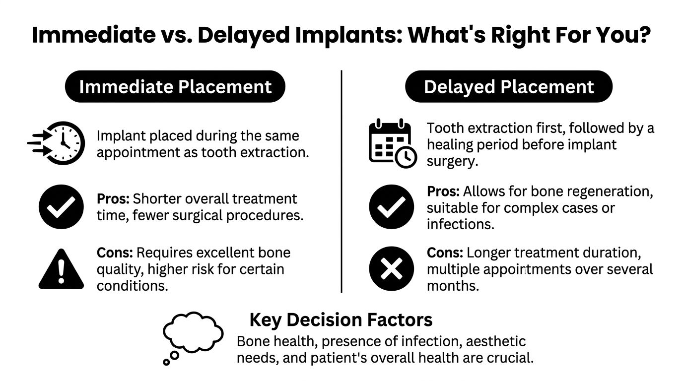 An infographic comparing immediate versus delayed dental implant procedures, outlining their respective pros, cons, and decision factors.