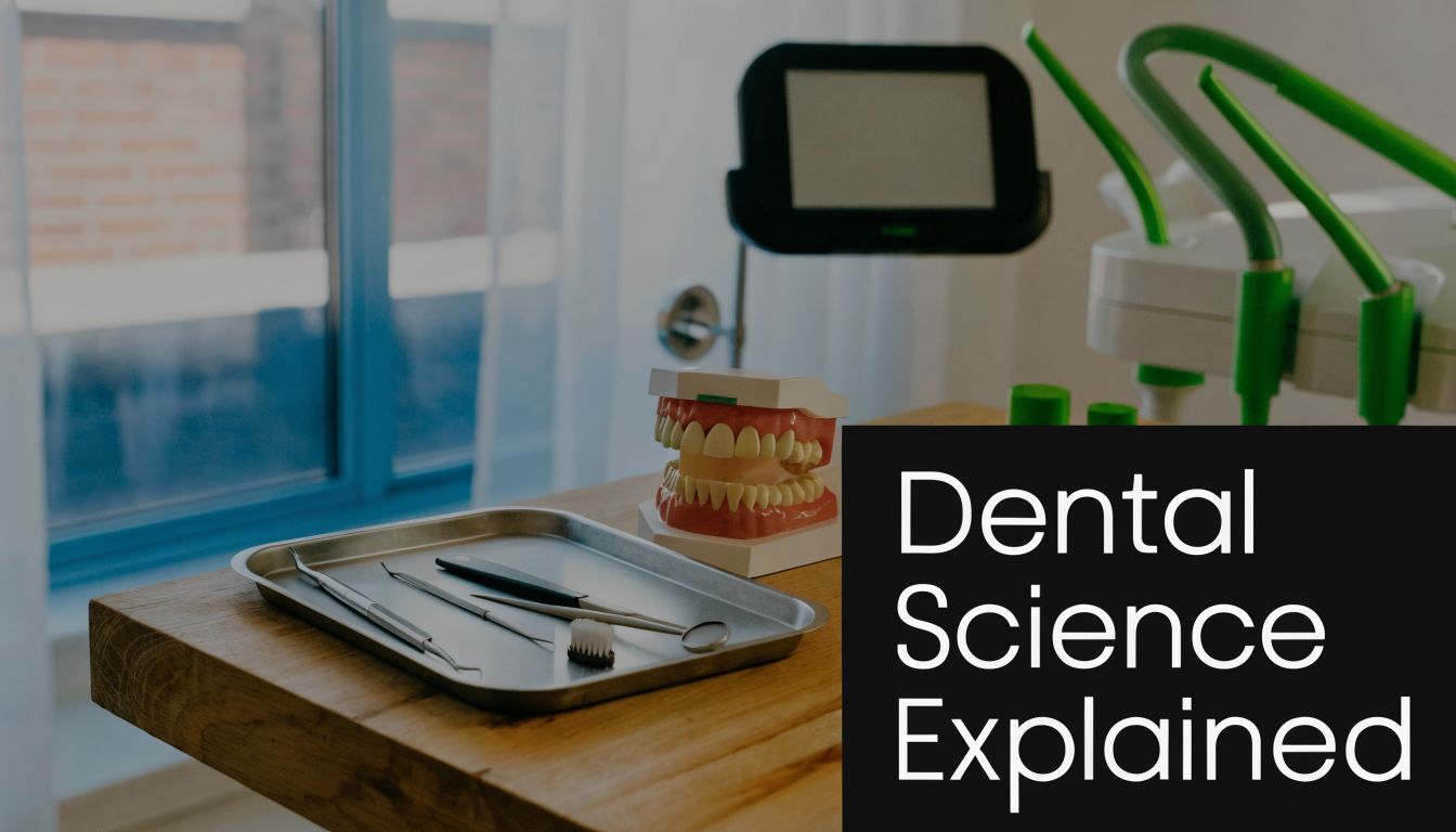 A stainless steel tray with dental tools and a jaw model sits on a wooden clinic desk.