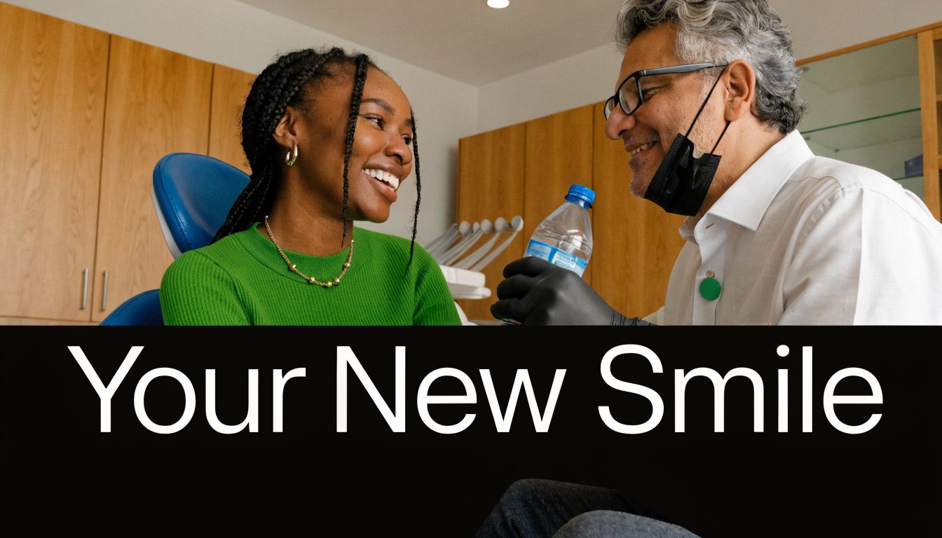 A smiling young woman sitting in a dental chair interacting with her dentist holding a water bottle.