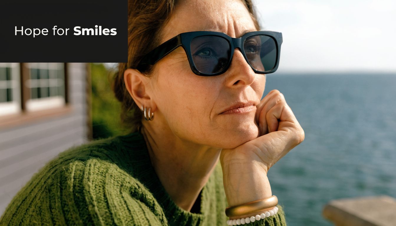 A middle-aged woman wearing sunglasses and a green sweater looking pensively out toward the ocean.