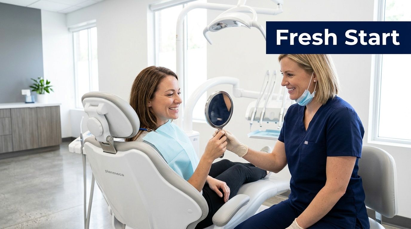 A smiling patient looks at her teeth in a hand mirror held by a dental professional.