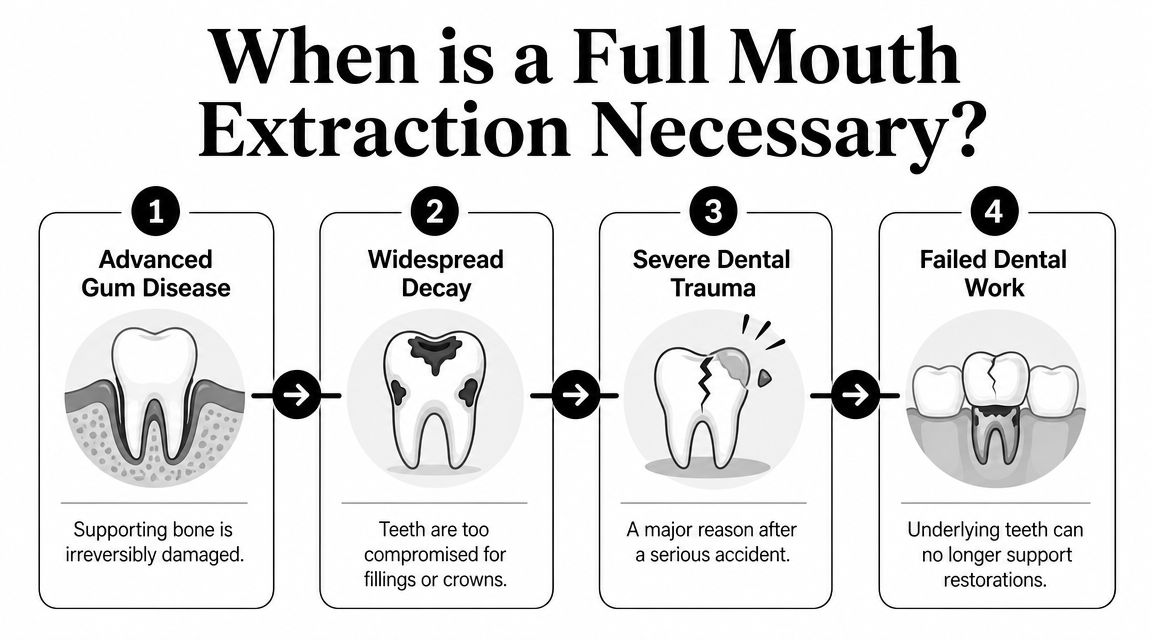 An infographic showing four main reasons why a full mouth tooth extraction procedure may become medically necessary.