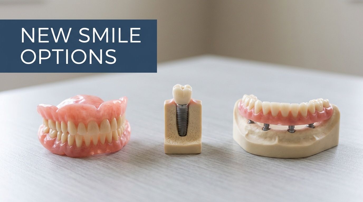 A display of three different dental restoration options including dentures, a single implant, and an implant-supported bridge.