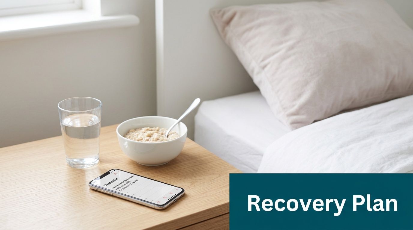 A bedside table with a glass of water, a bowl of porridge, and a smartphone displaying a calendar.