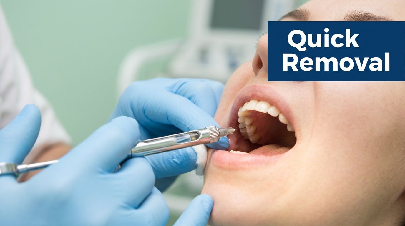 A dentist administering a local anesthetic injection into a patient's gum before a dental extraction procedure.