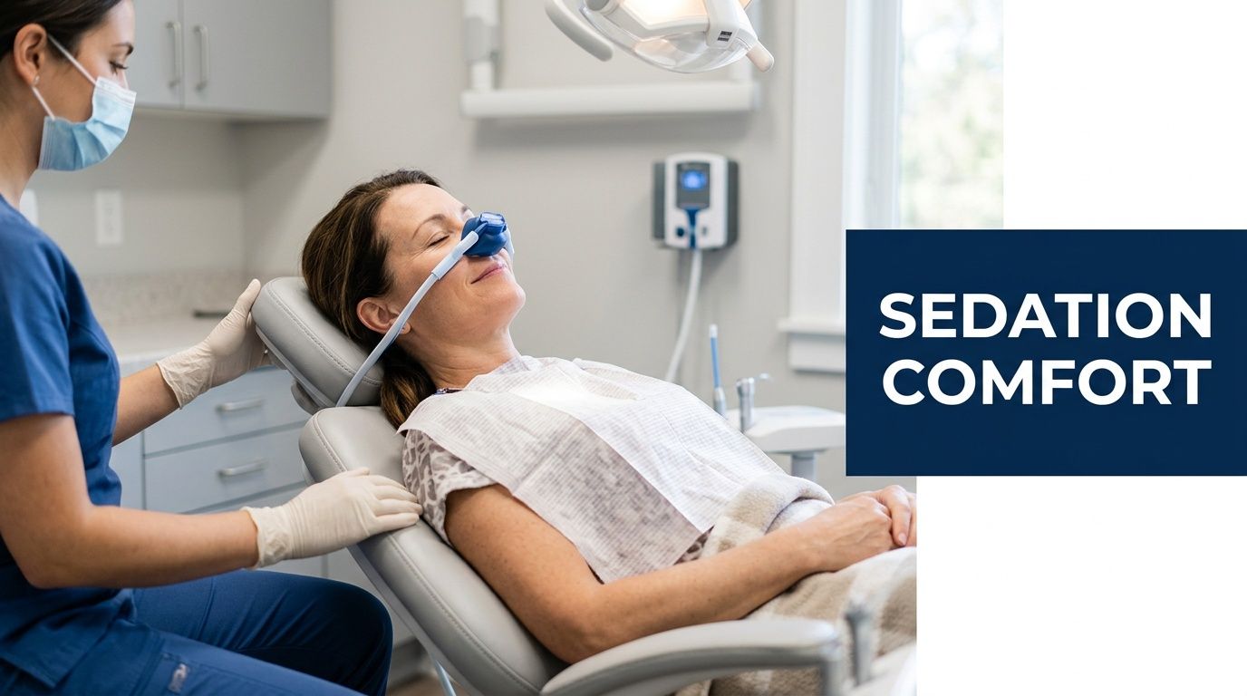 A relaxed patient wearing a dental sedation mask while being attended to by a dental professional.