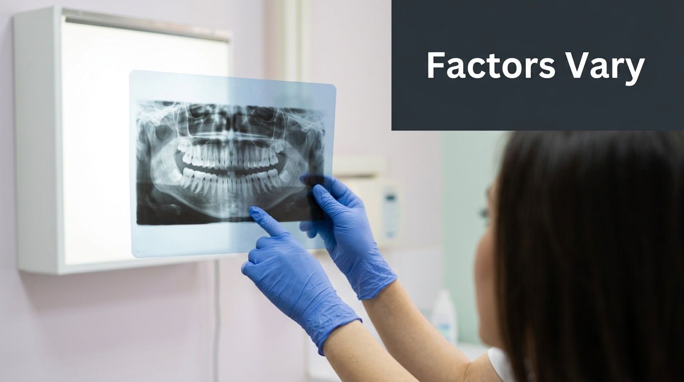A dentist wearing blue gloves pointing at a panoramic dental X-ray film on a light box.