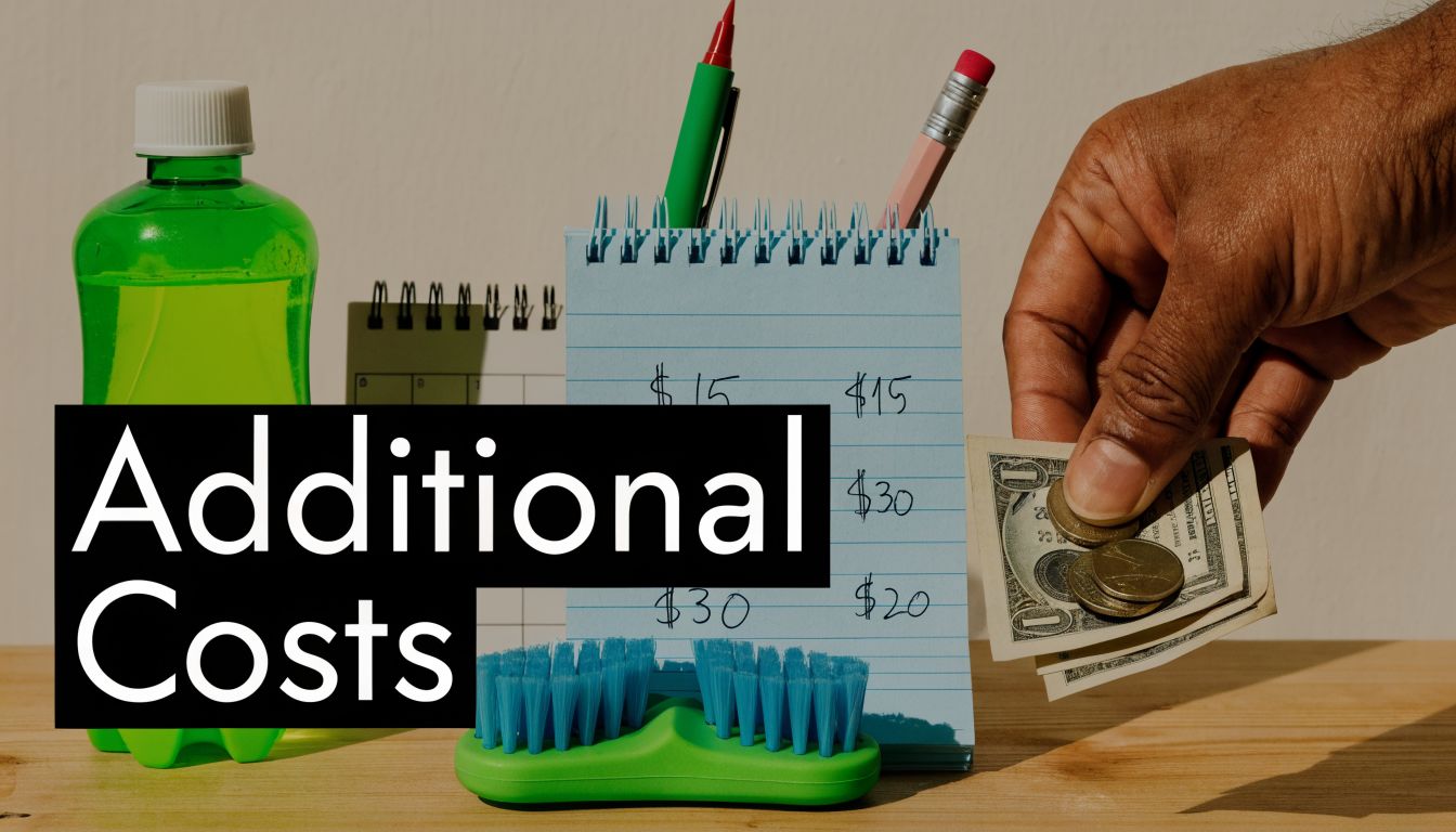 A hand holding US dollar bills and coins next to a notepad showing written financial costs
